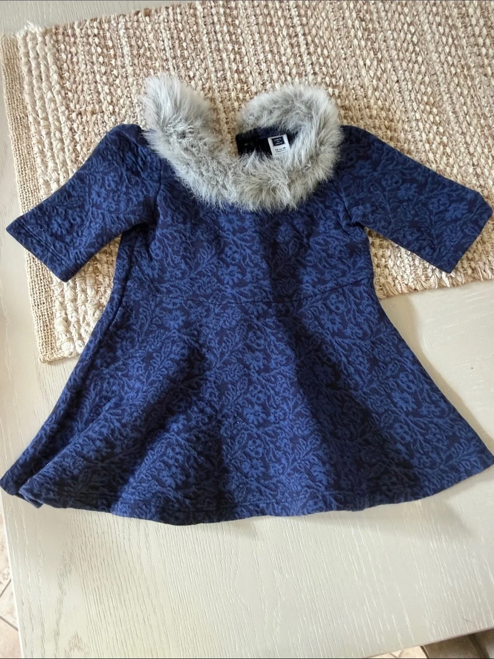 Janie and Jack Navy Patterned Coat with Faux Fur Trim